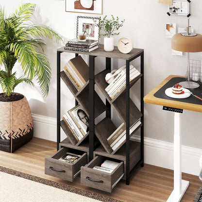 4 Tier Floor Standing Tree Bookshelf with Drawer for Small Space-Grey