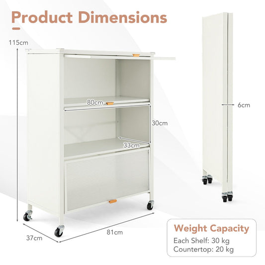 Four-tier kitchen bakers rack combines three shelves with a spacious countertop for storage