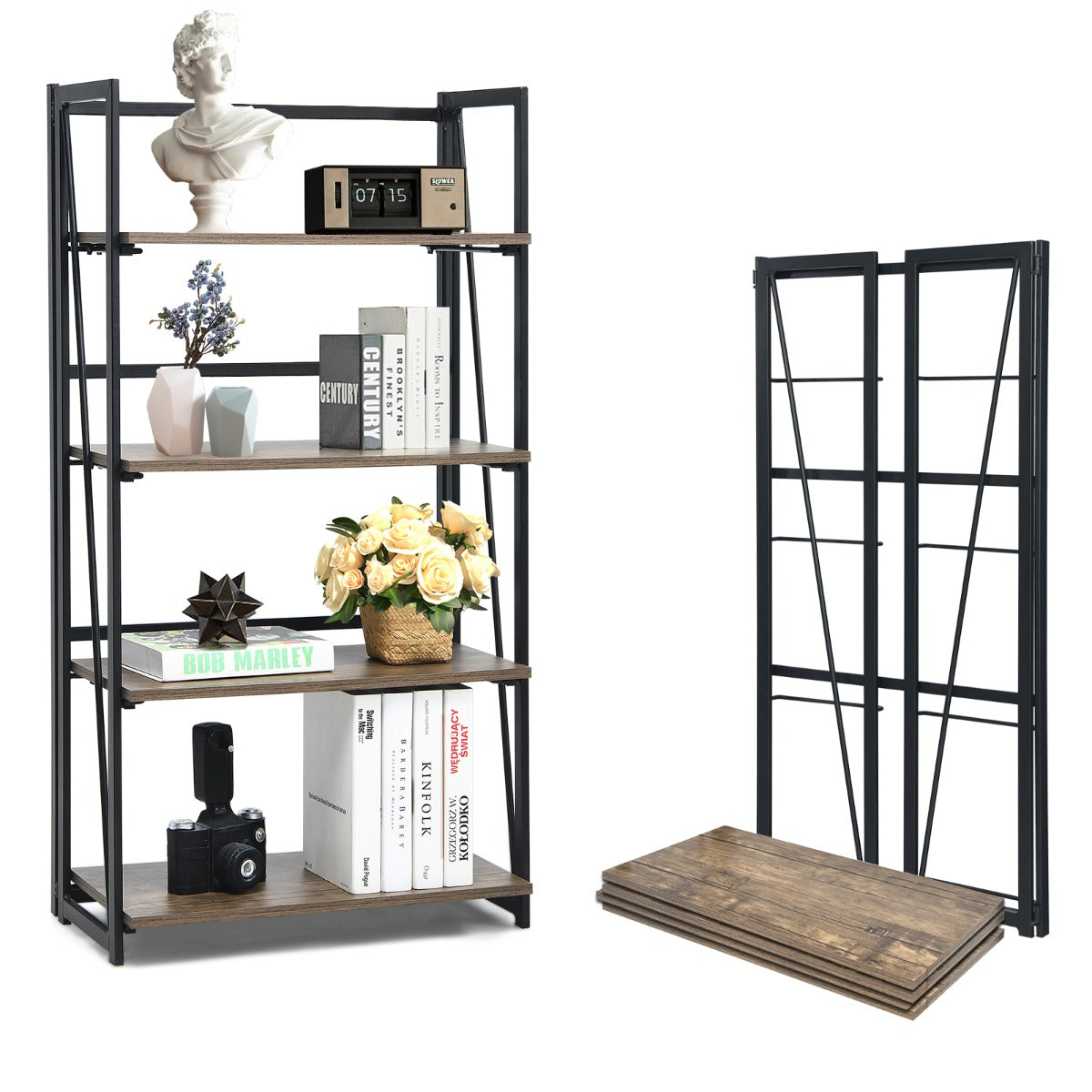Space-saving foldable bookcase collapses flat for convenient storage in narrow spaces