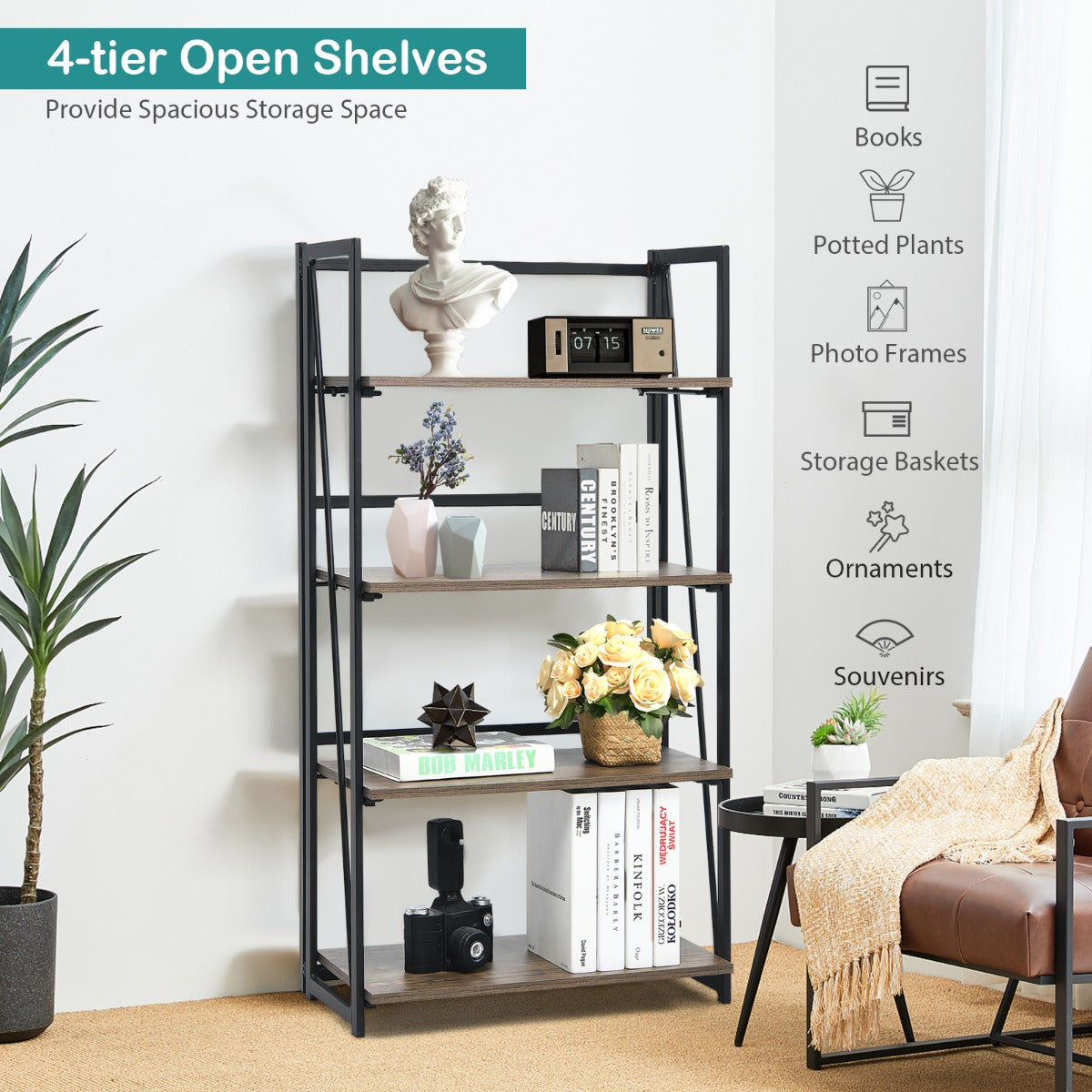 Costway 4-Tier No-Assembly Wood Folding Bookshelf