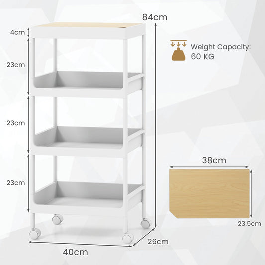 Rolling storage cart with removable cover, hidden compartment, open shelves, and swivel wheels