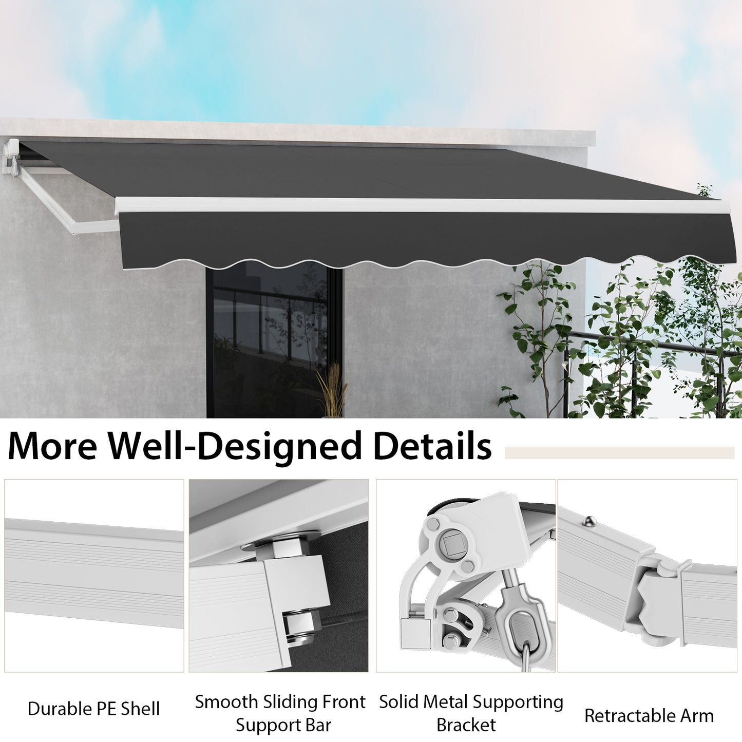 4 x 2.5 m Patio Sunshade Shelter with Manual Hand Crank and Heavy-Duty Aluminum Frame-Grey