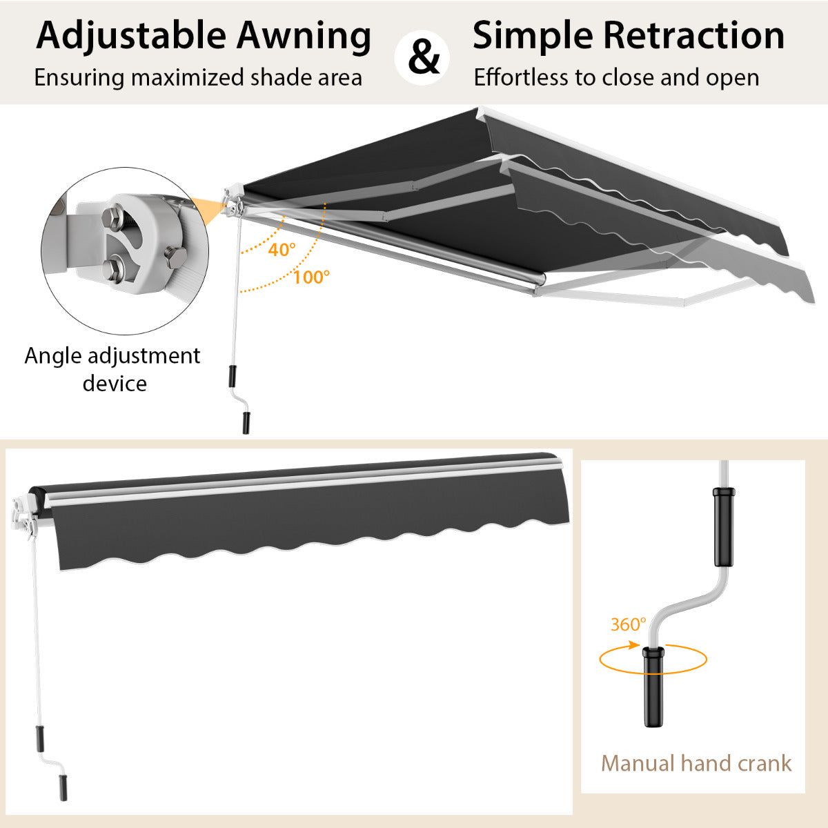 4 x 2.5 m Patio Sunshade Shelter with Manual Hand Crank and Heavy-Duty Aluminum Frame-Grey