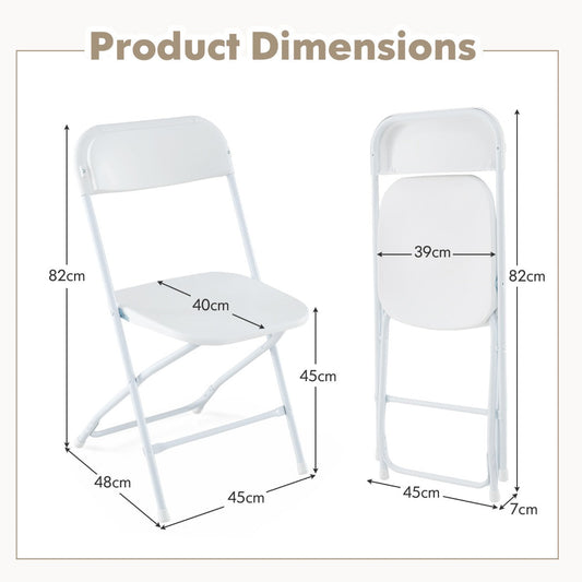 Set of four white folding chairs with heavy-duty metal frames and waterproof PP seats and backs