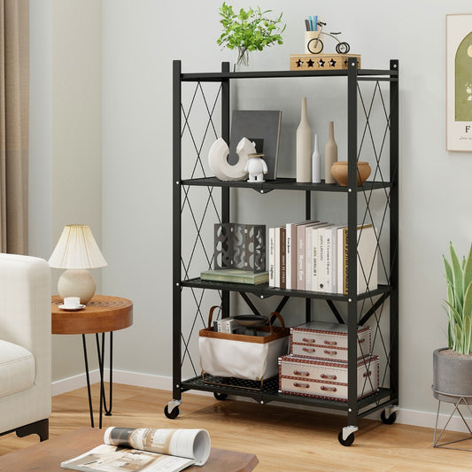 Costway 4-Tier Foldable Storage Shelf with Lockable Wheels-Black