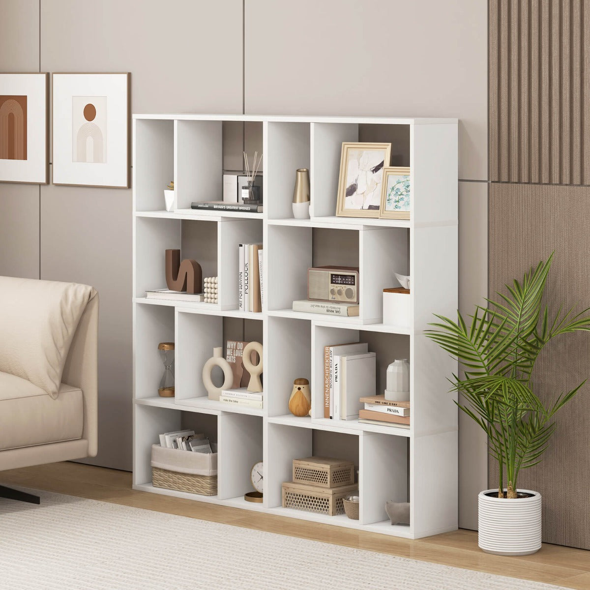 Costway 4-Tier Geometric Bookshelf with 8-Cube Storage Organizer-White