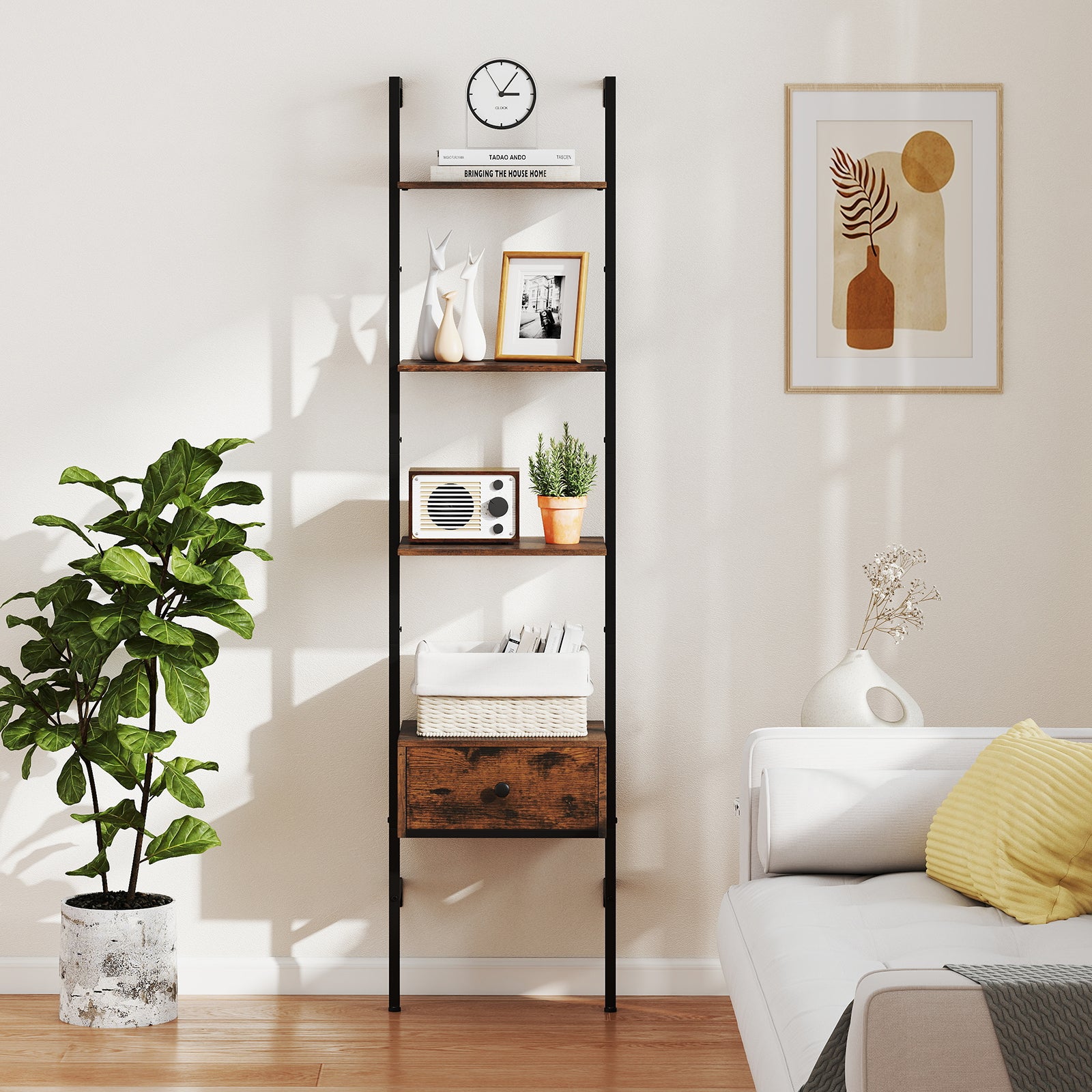 5-Tier Ladder Bookcase with Drawer Tall Wall-Mounted Bookshelf-Rustic Brown