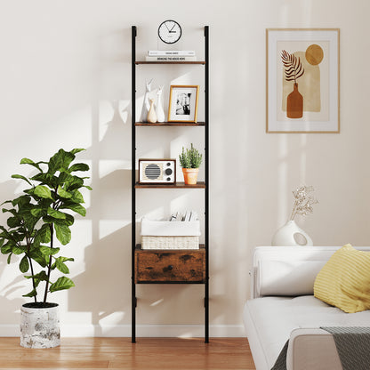 5-Tier Ladder Bookcase with Drawer Tall Wall-Mounted Bookshelf-Rustic Brown