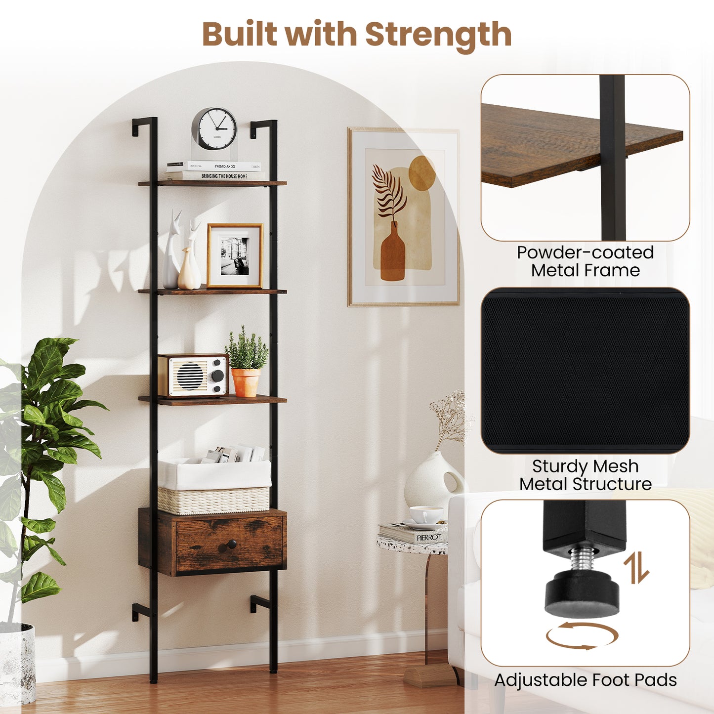 5-Tier Ladder Bookcase with Drawer Tall Wall-Mounted Bookshelf-Rustic Brown