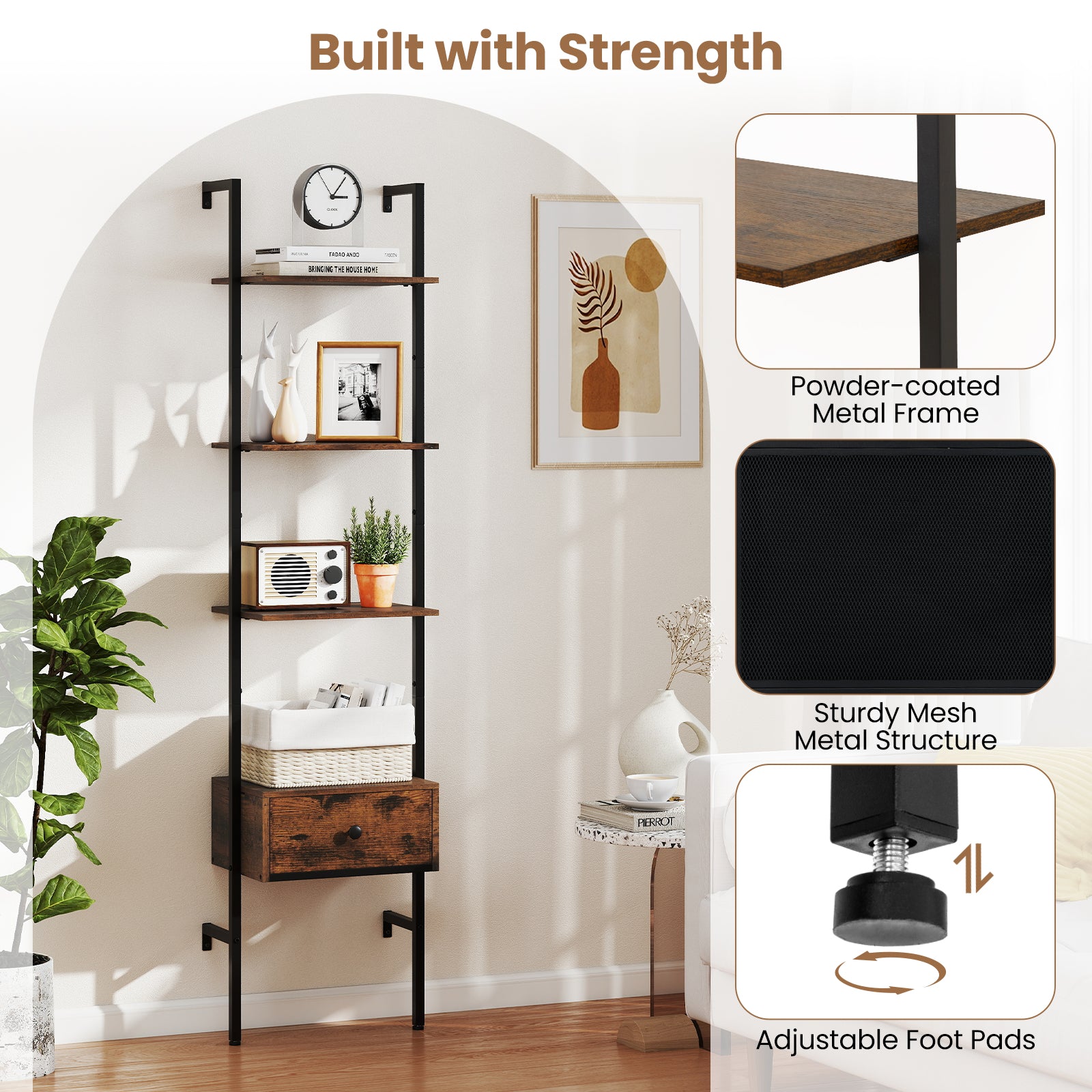 5-Tier Ladder Bookcase with Drawer Tall Wall-Mounted Bookshelf-Rustic Brown