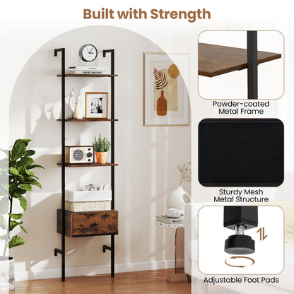 5-Tier Ladder Bookcase with Drawer Tall Wall-Mounted Bookshelf-Rustic Brown