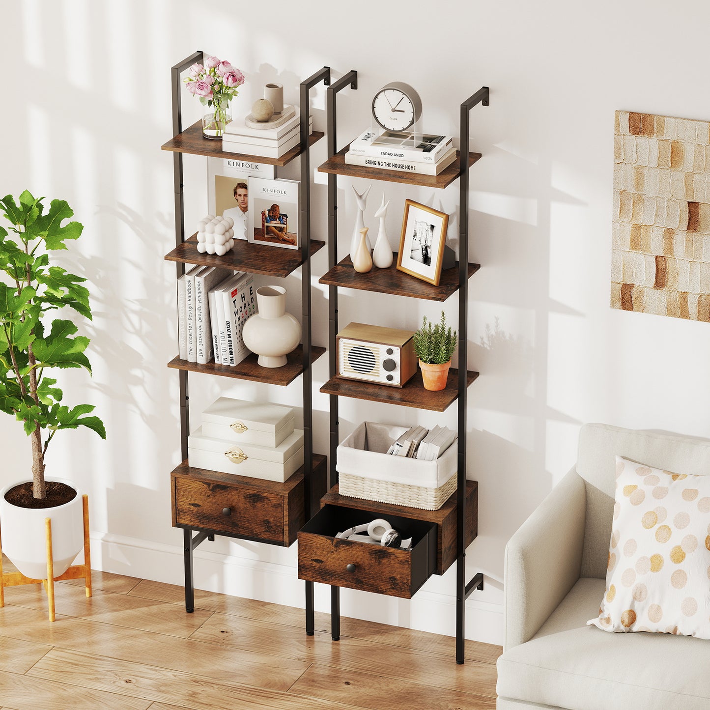 5-Tier Ladder Bookcase with Drawer Tall Wall-Mounted Bookshelf-Rustic Brown