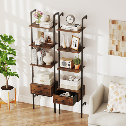 5-Tier Ladder Bookcase with Drawer Tall Wall-Mounted Bookshelf-Rustic Brown