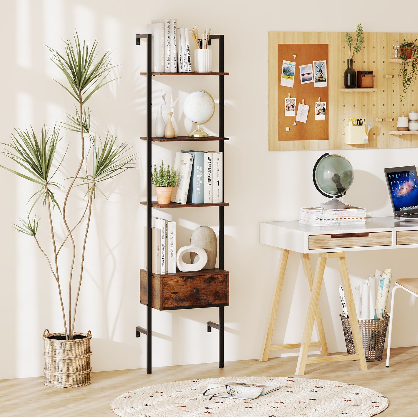 5-Tier Ladder Bookcase with Drawer Tall Wall-Mounted Bookshelf-Rustic Brown