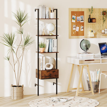 5-Tier Ladder Bookcase with Drawer Tall Wall-Mounted Bookshelf-Rustic Brown