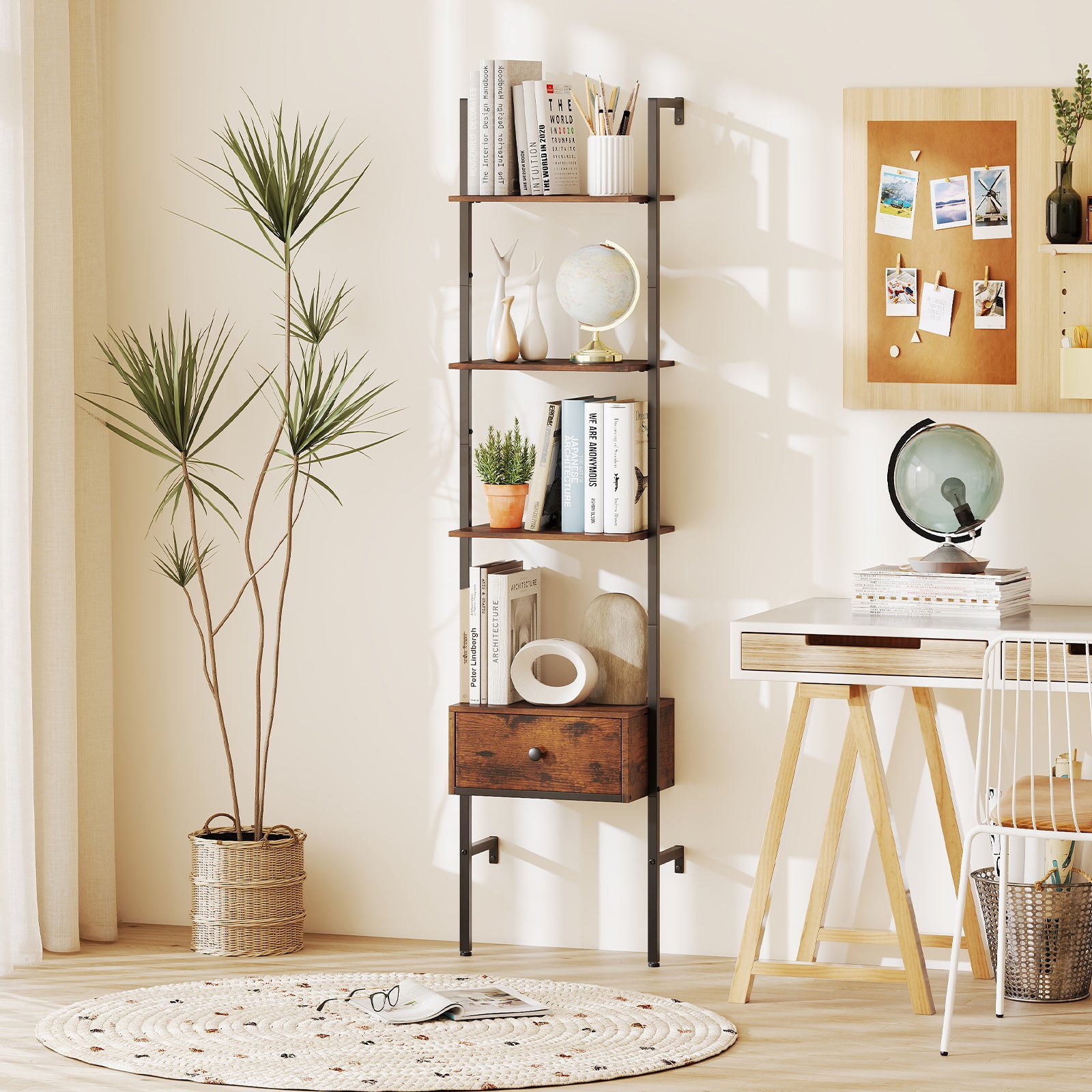 5-Tier Ladder Bookcase with Drawer Tall Wall-Mounted Bookshelf-Rustic Brown