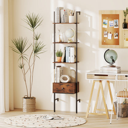 5-Tier Ladder Bookcase with Drawer Tall Wall-Mounted Bookshelf-Rustic Brown