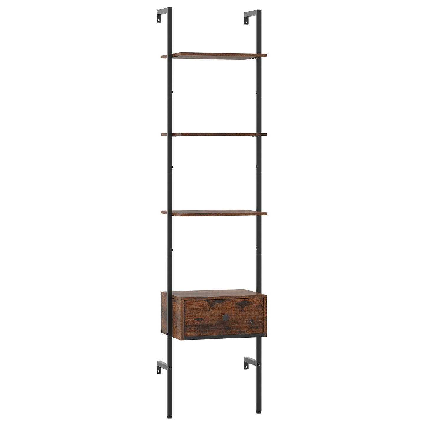 5-Tier Ladder Bookcase with Drawer Tall Wall-Mounted Bookshelf-Rustic Brown