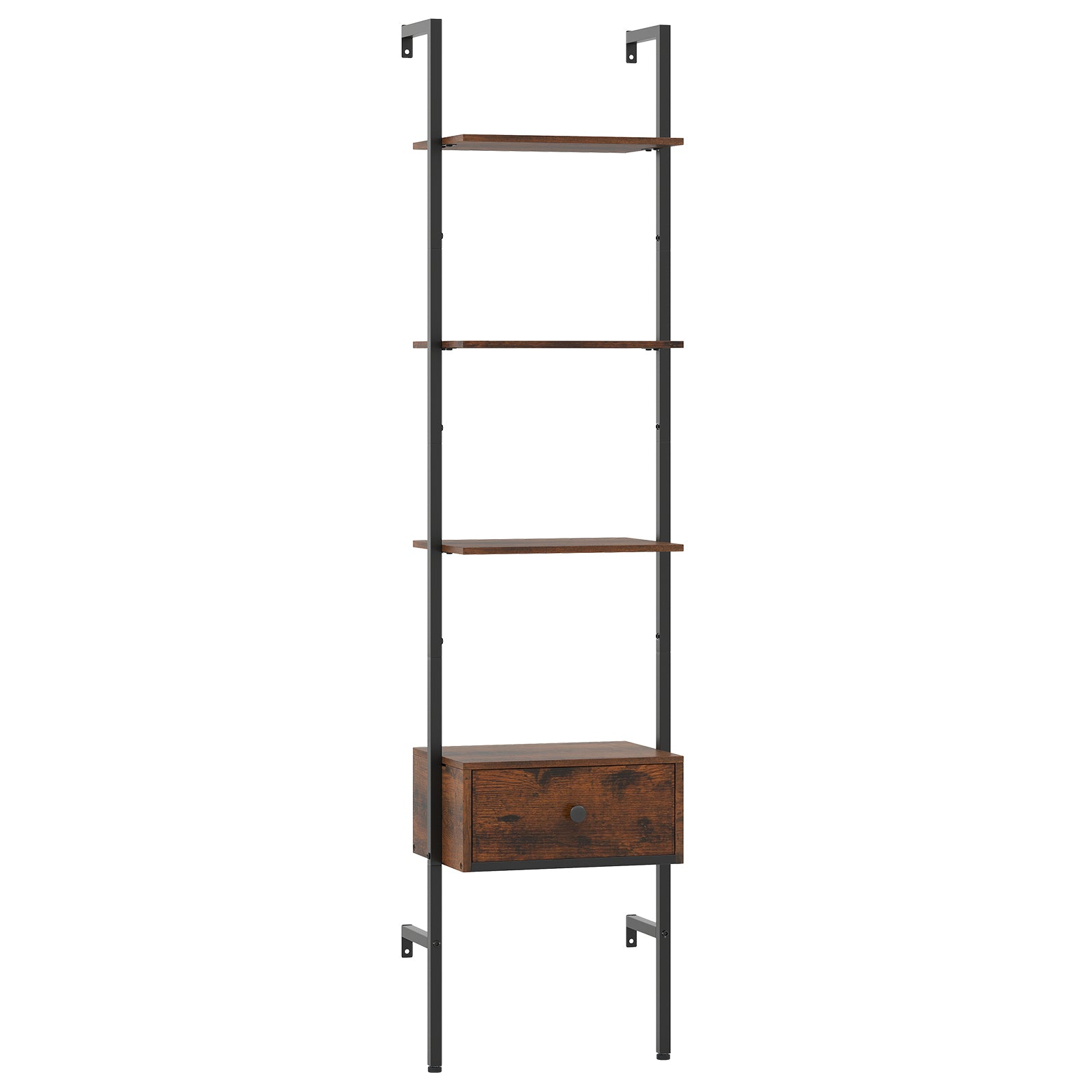 5-Tier Ladder Bookcase with Drawer Tall Wall-Mounted Bookshelf-Rustic Brown