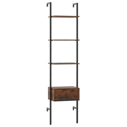 5-Tier Ladder Bookcase with Drawer Tall Wall-Mounted Bookshelf-Rustic Brown