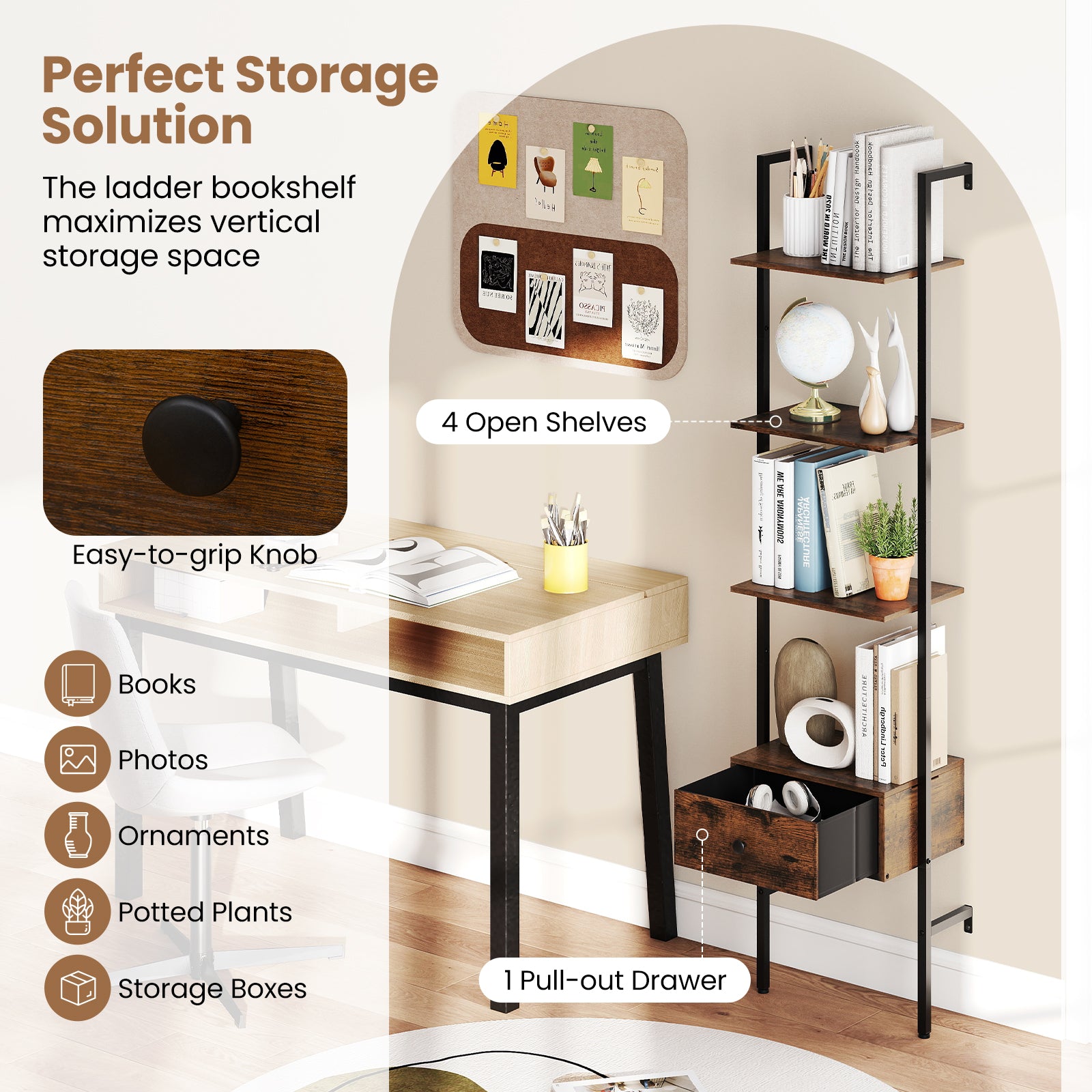 5-Tier Ladder Bookcase with Drawer Tall Wall-Mounted Bookshelf-Rustic Brown