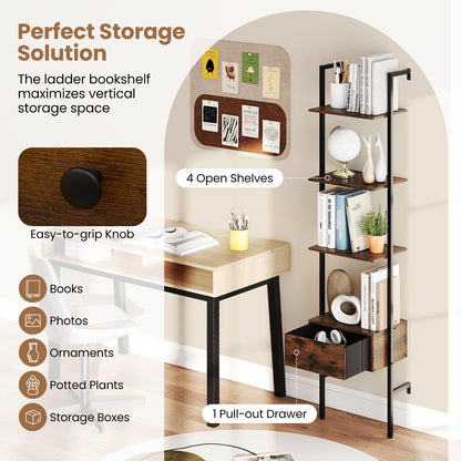5-Tier Ladder Bookcase with Drawer Tall Wall-Mounted Bookshelf-Rustic Brown