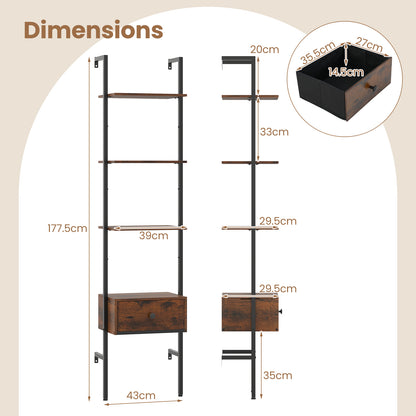 5-Tier Ladder Bookcase with Drawer Tall Wall-Mounted Bookshelf-Rustic Brown