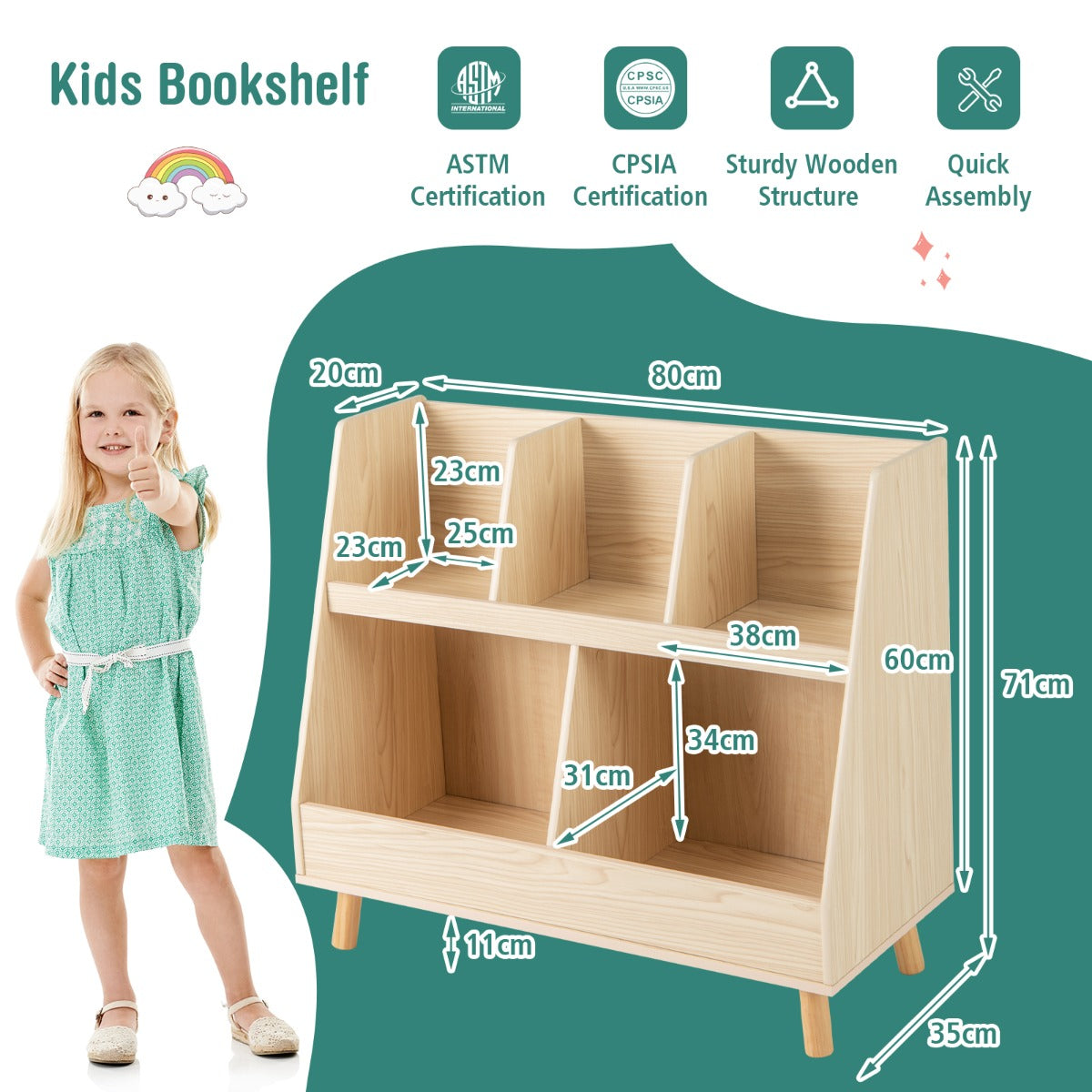 5-Cube Kids Bookshelf and Toy Organizer with Solid Wood Legs and Anti-Tipping Kits-Beige