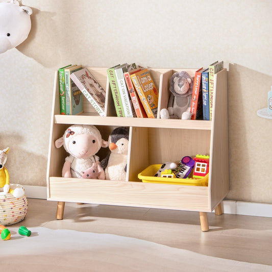 5-Cube Kids Bookshelf and Toy Organizer with Solid Wood Legs and Anti-Tipping Kits-Beige