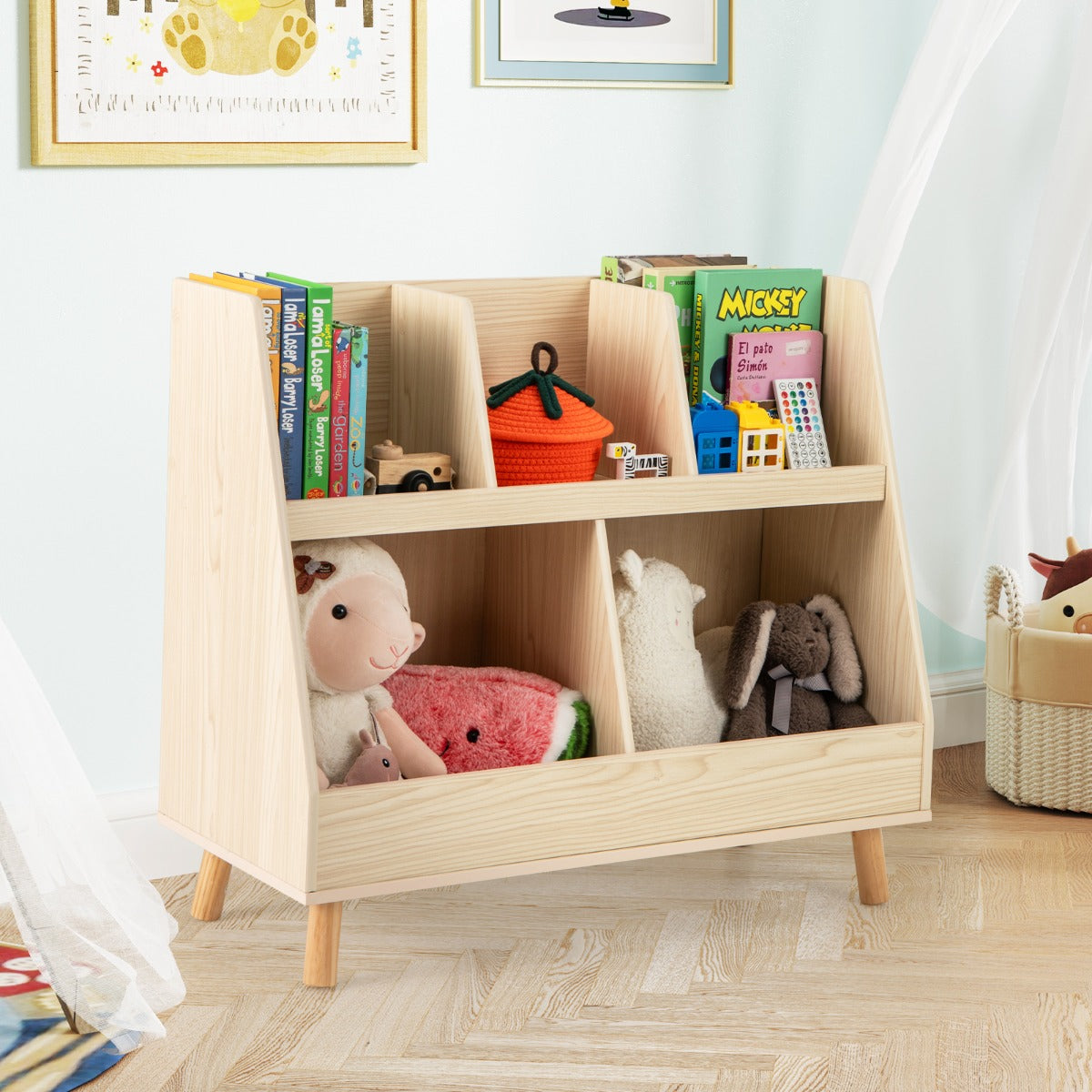 5-Cube Kids Bookshelf and Toy Organizer with Solid Wood Legs and Anti-Tipping Kits-Beige