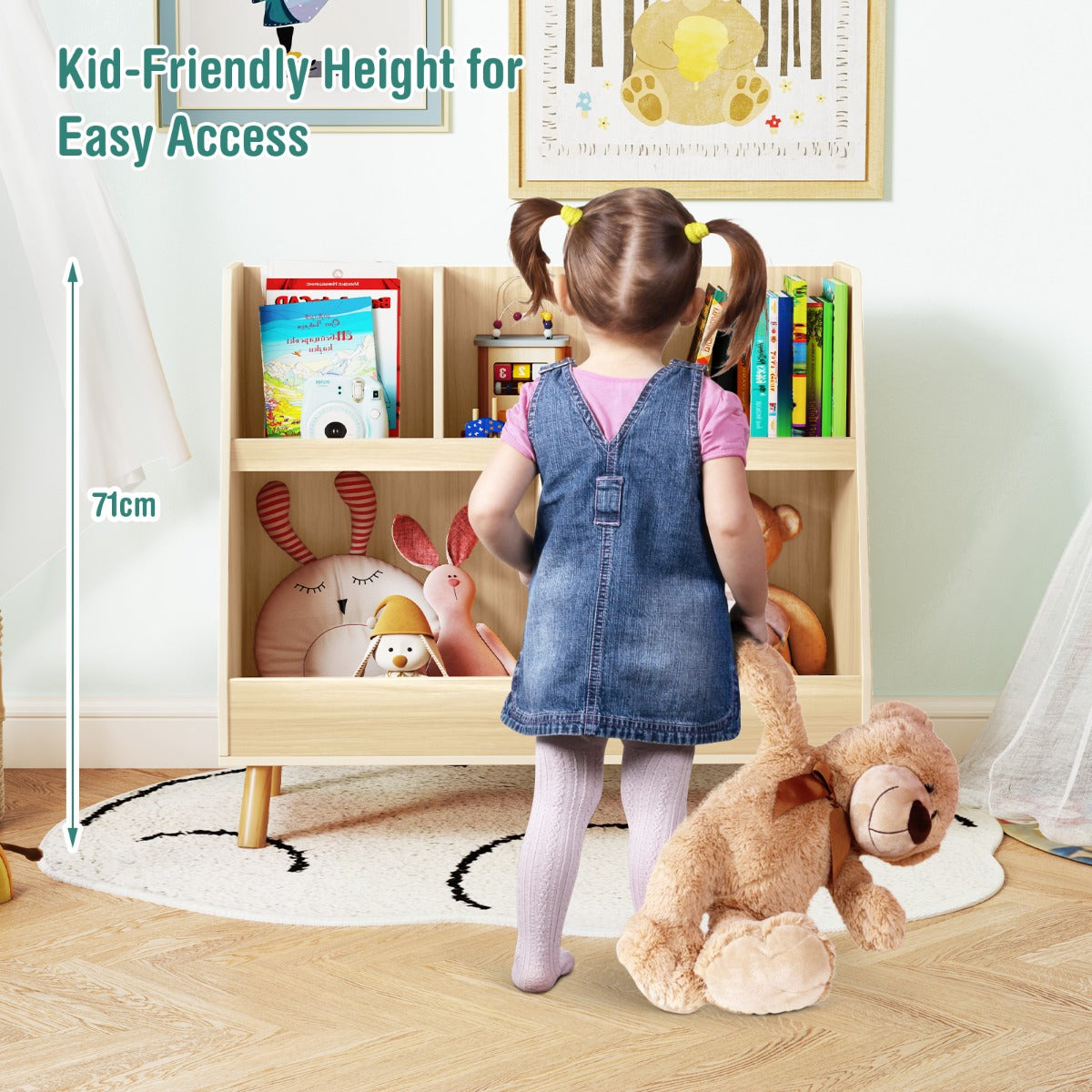 5-Cube Kids Bookshelf and Toy Organizer with Solid Wood Legs and Anti-Tipping Kits-Beige
