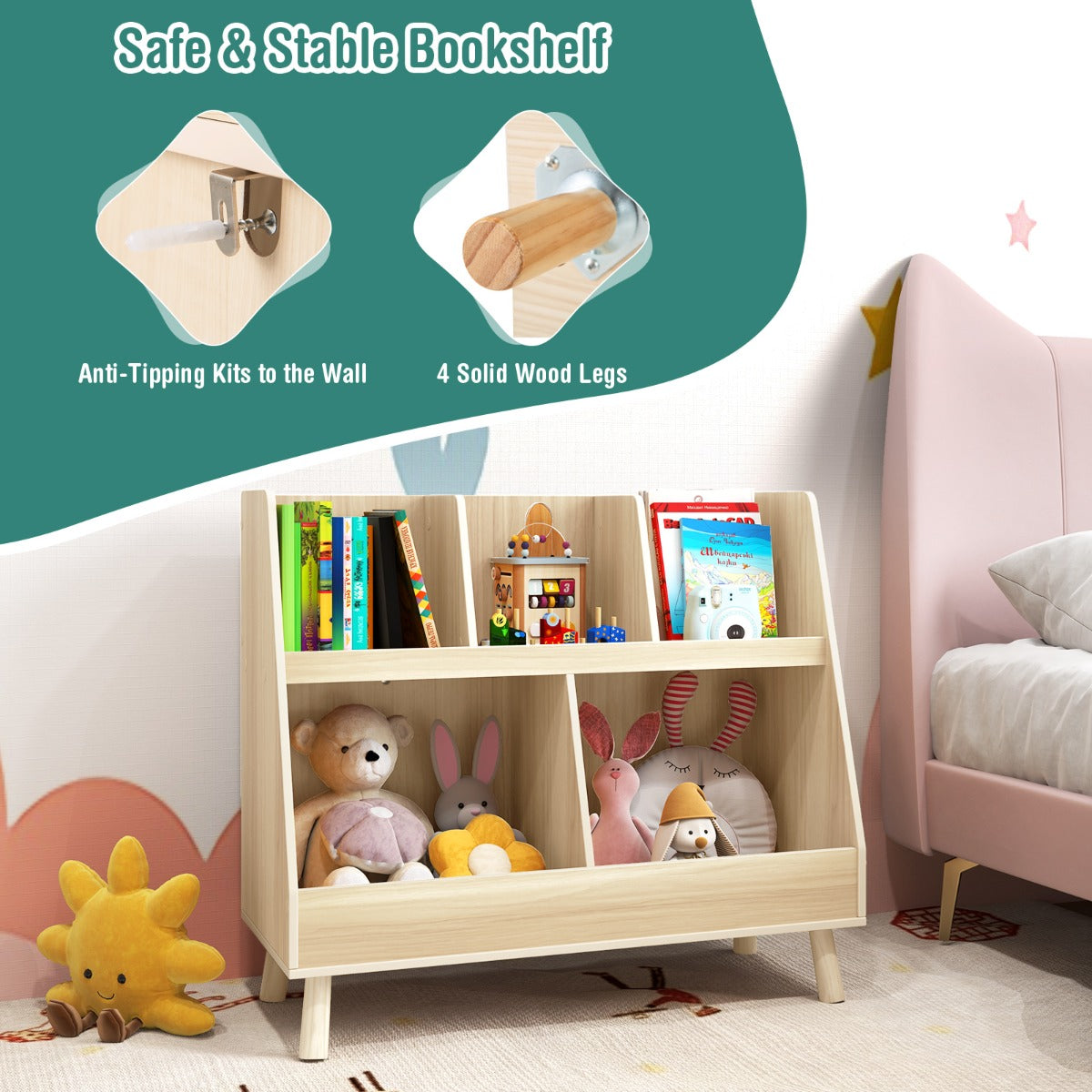 5-Cube Kids Bookshelf and Toy Organizer with Solid Wood Legs and Anti-Tipping Kits-Beige