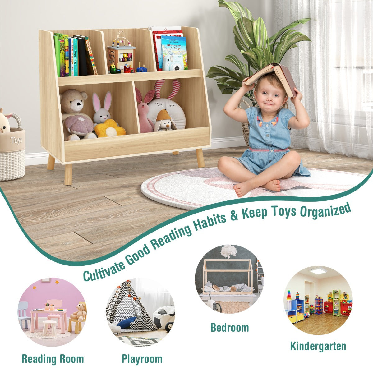 5-Cube Kids Bookshelf and Toy Organizer with Solid Wood Legs and Anti-Tipping Kits-Beige