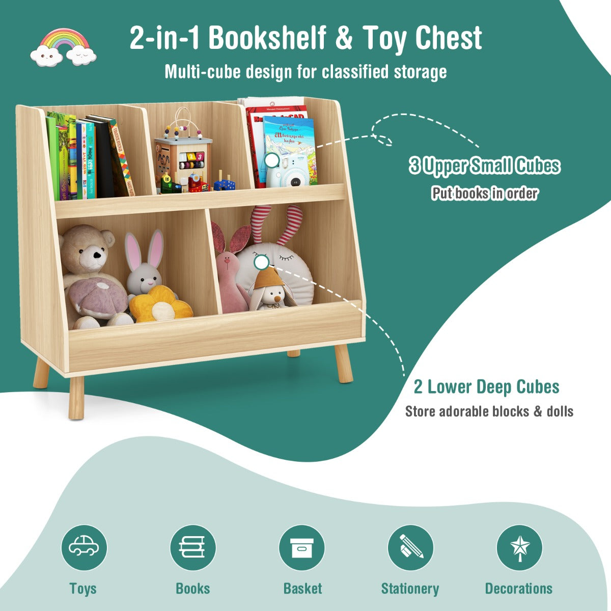 5-Cube Kids Bookshelf and Toy Organizer with Solid Wood Legs and Anti-Tipping Kits-Beige