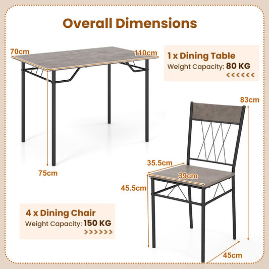 Five-piece industrial dining set with volcanic grain tabletop and four matching chairs
