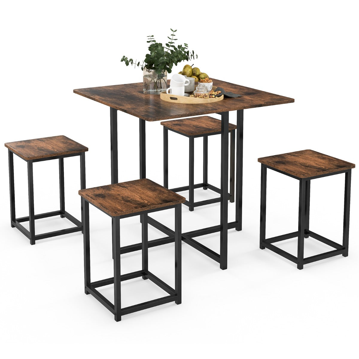 5-Piece Dining Table Set with 4 Square Stools for Small Space-Brown