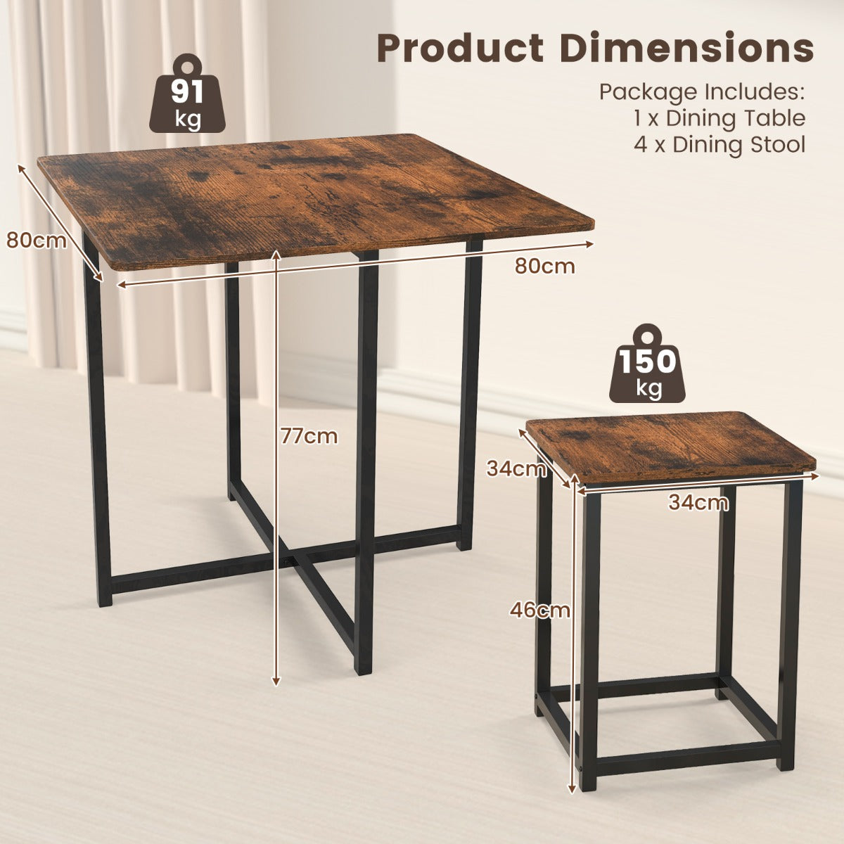 5-Piece Dining Table Set with 4 Square Stools for Small Space-Brown