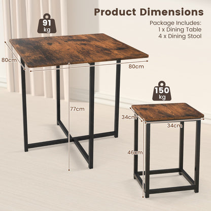 5-Piece Dining Table Set with 4 Square Stools for Small Space-Brown
