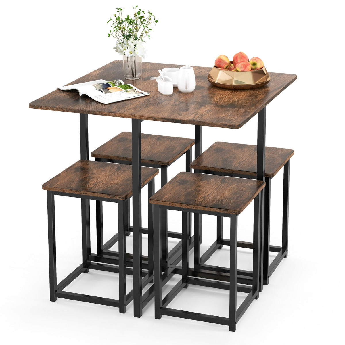 5-Piece Dining Table Set with 4 Square Stools for Small Space-Brown