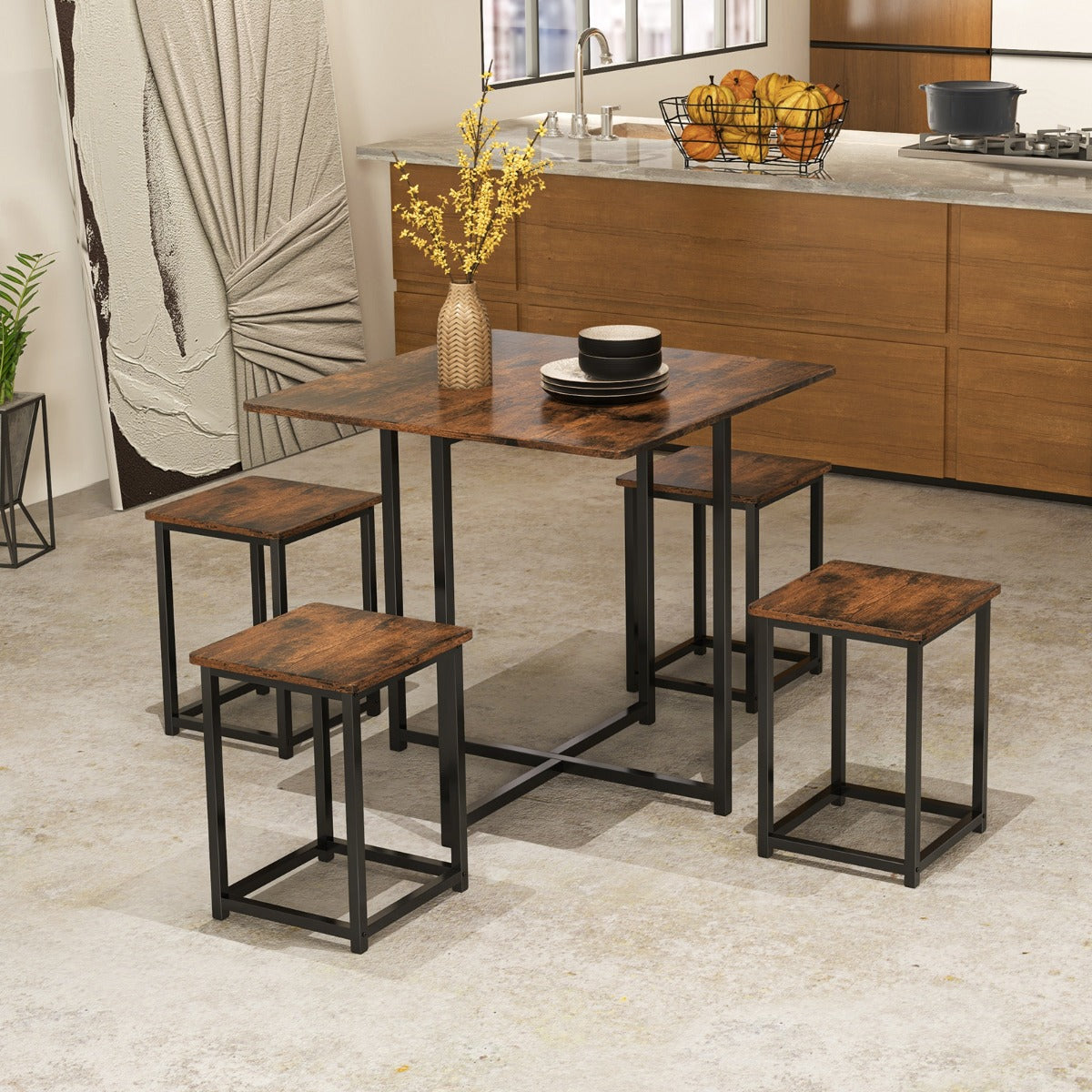 5-Piece Dining Table Set with 4 Square Stools for Small Space-Brown