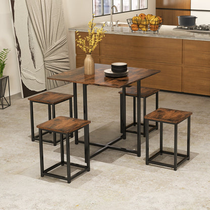 5-Piece Dining Table Set with 4 Square Stools for Small Space-Brown