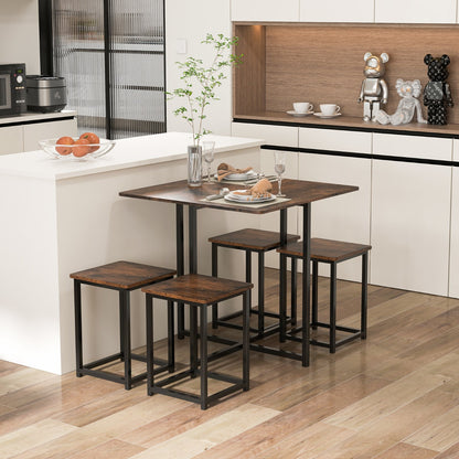 5-Piece Dining Table Set with 4 Square Stools for Small Space-Brown
