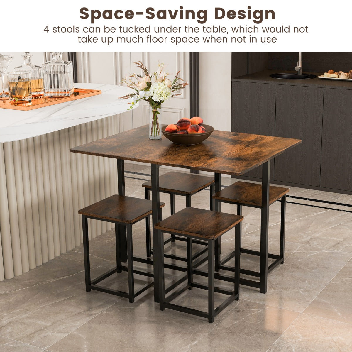 5-Piece Dining Table Set with 4 Square Stools for Small Space-Brown