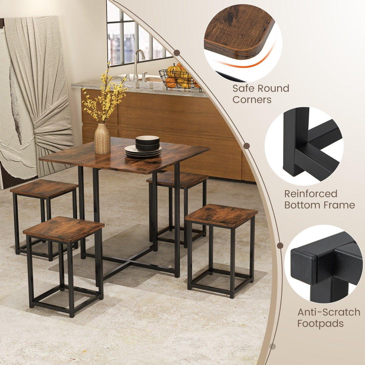 5-Piece Dining Table Set with 4 Square Stools for Small Space-Brown