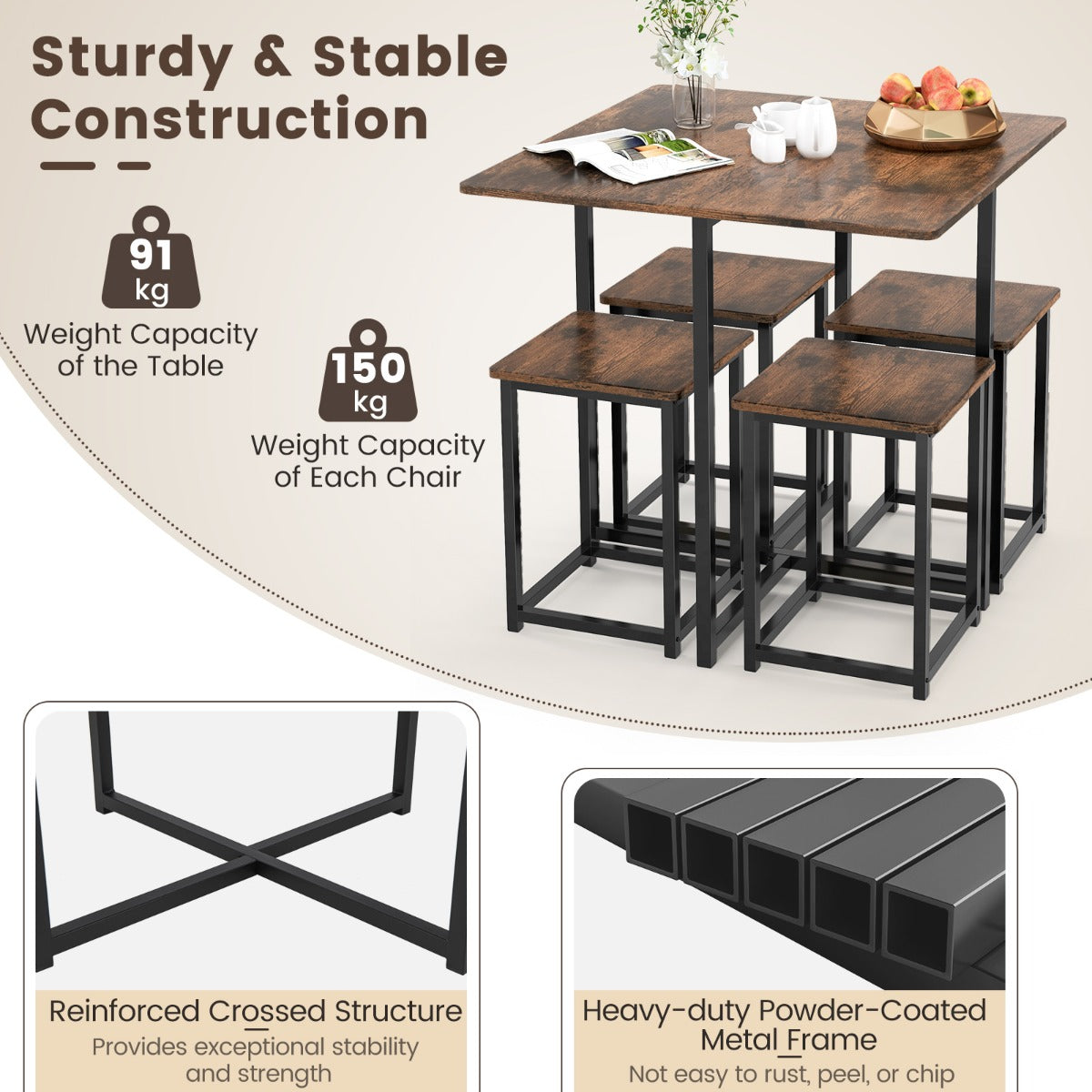 5-Piece Dining Table Set with 4 Square Stools for Small Space-Brown