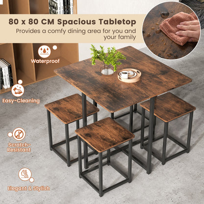 5-Piece Dining Table Set with 4 Square Stools for Small Space-Brown