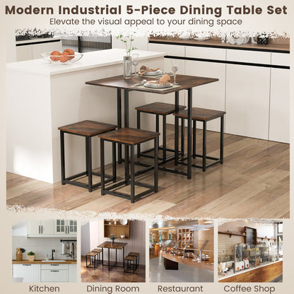 5-Piece Dining Table Set with 4 Square Stools for Small Space-Brown