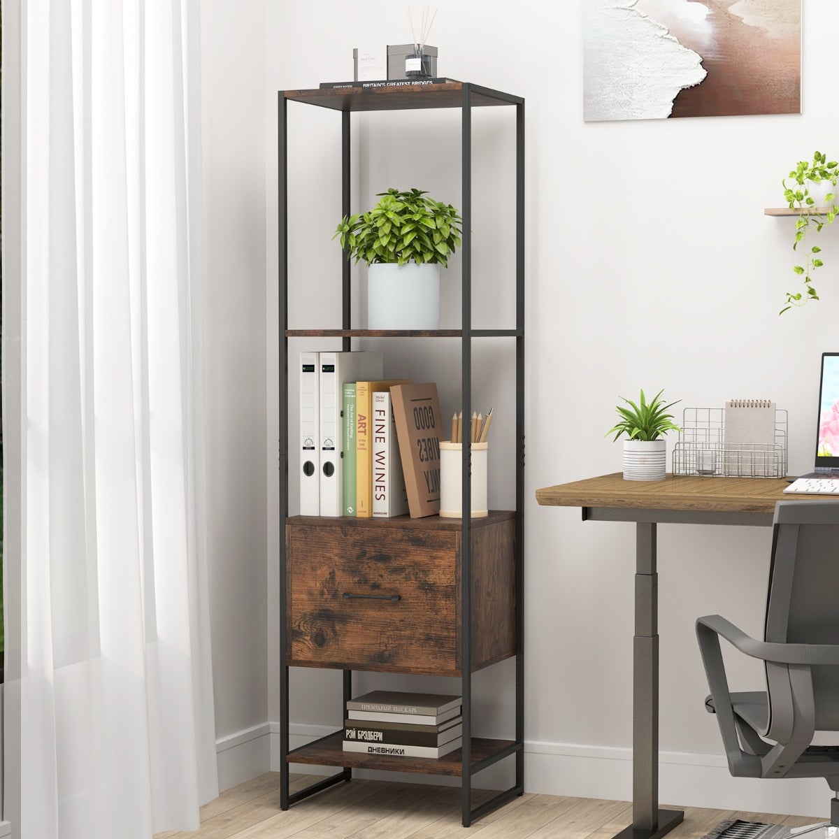 5-Tier Bookshelf with Drawer and Shelves for Bedroom Living Room-Rustic Brown
