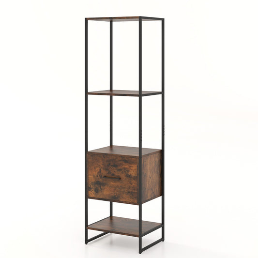 5-Tier Bookshelf with Drawer and Shelves for Bedroom Living Room-Rustic Brown