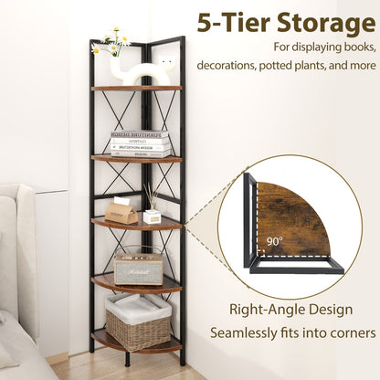 5-Tier Corner Bookshelf Stand with Metal Frame-Rustic Brown